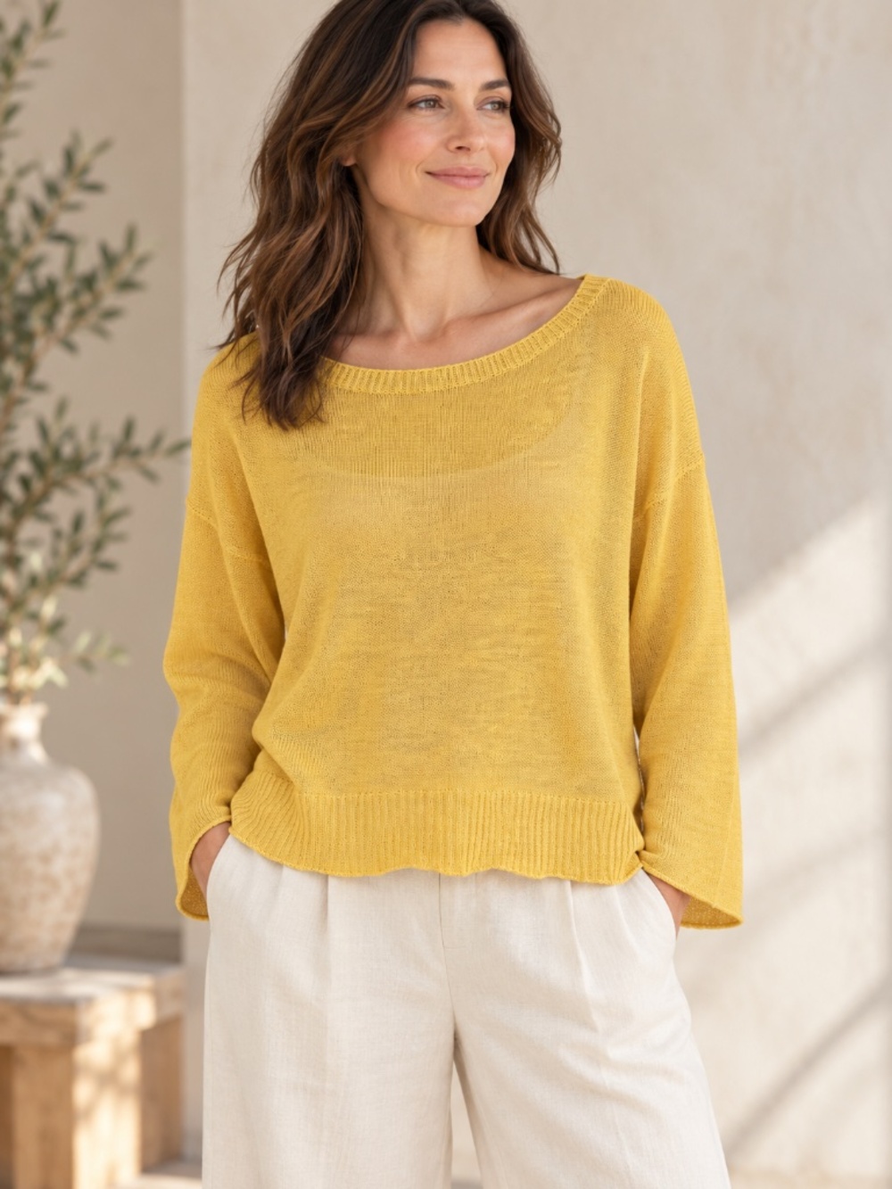Eileen Fisher Yellow 100% Linen Knit Sweater Top Wide Neck Long Sleeve